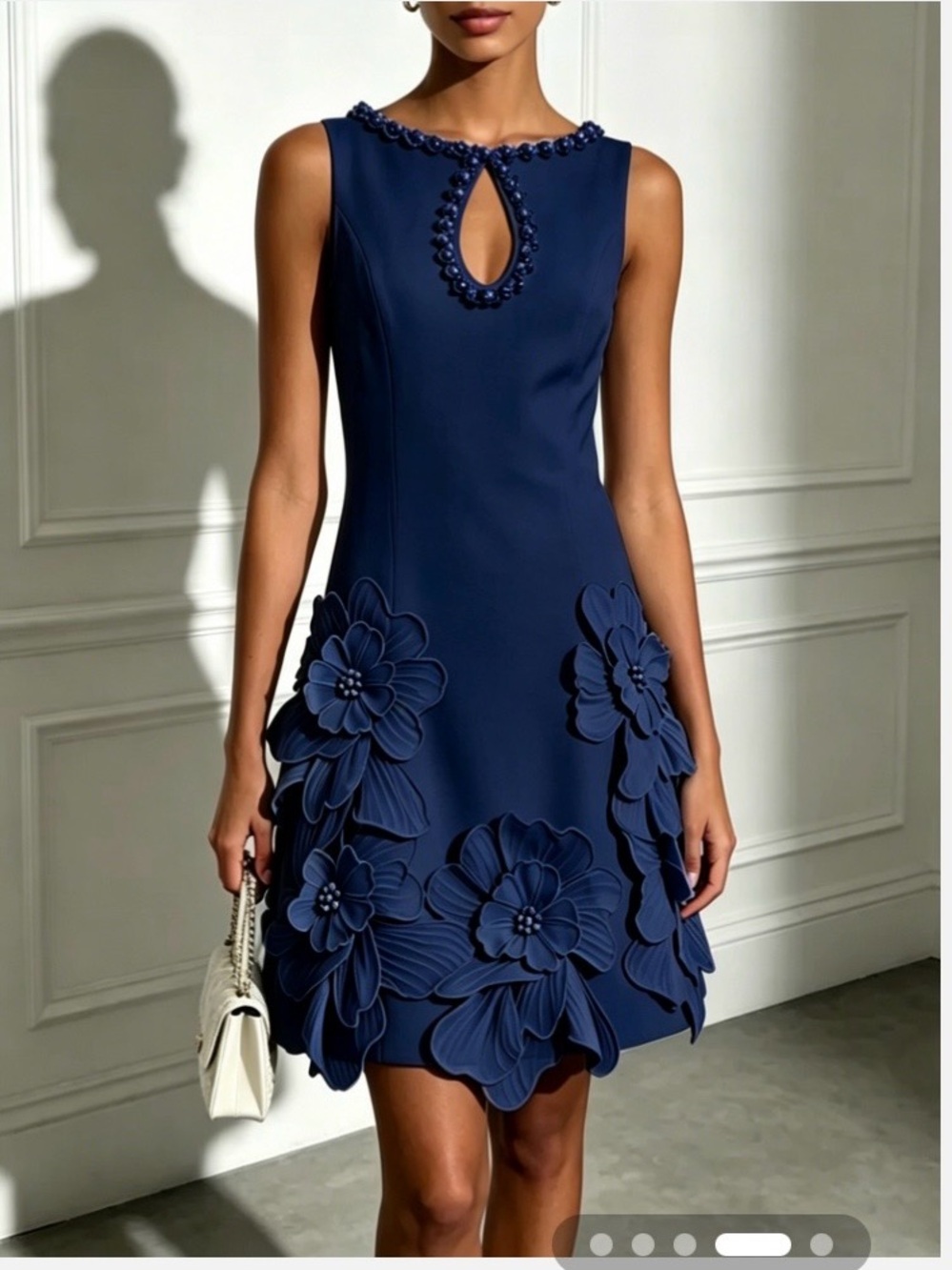 Navy Sleeveless Mini Dress with Beaded Keyhole & Floral Appliqués